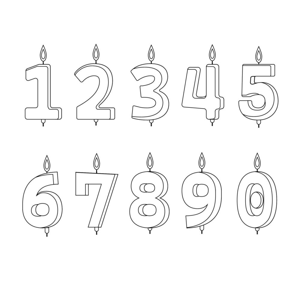 Candles for cake with the number of ages, numbers outline. vector