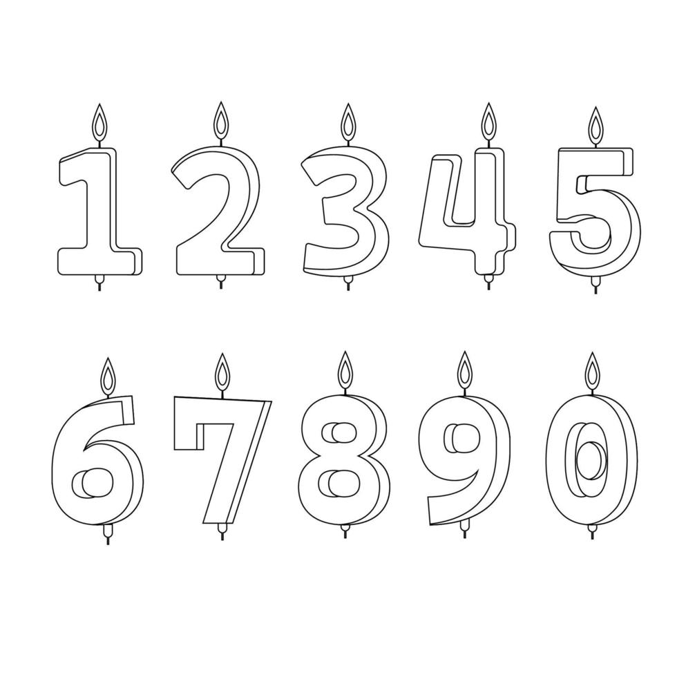 Candles for cake with the number of ages, numbers outline. vector