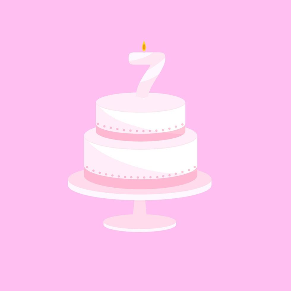 Festive delicate cake with a candle age seven. Vector illustration