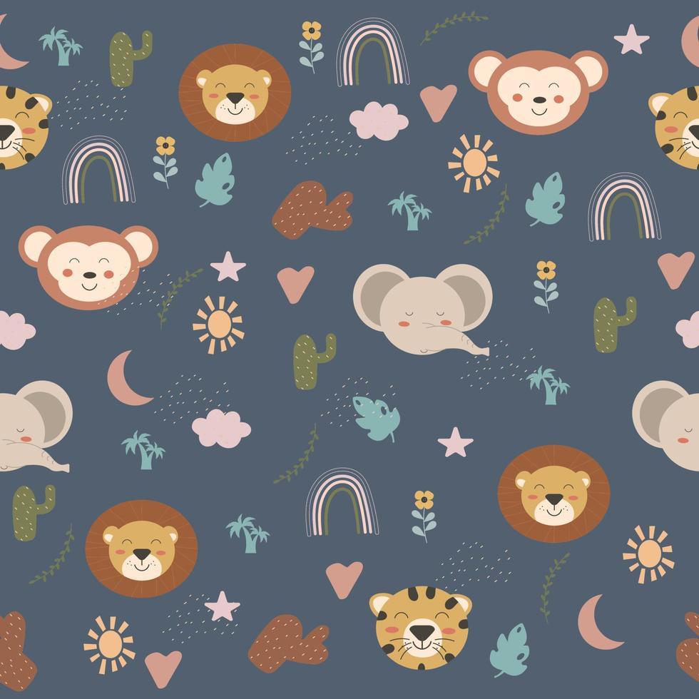 Seamless children's boho animal pattern on a dark background. Vector illustration