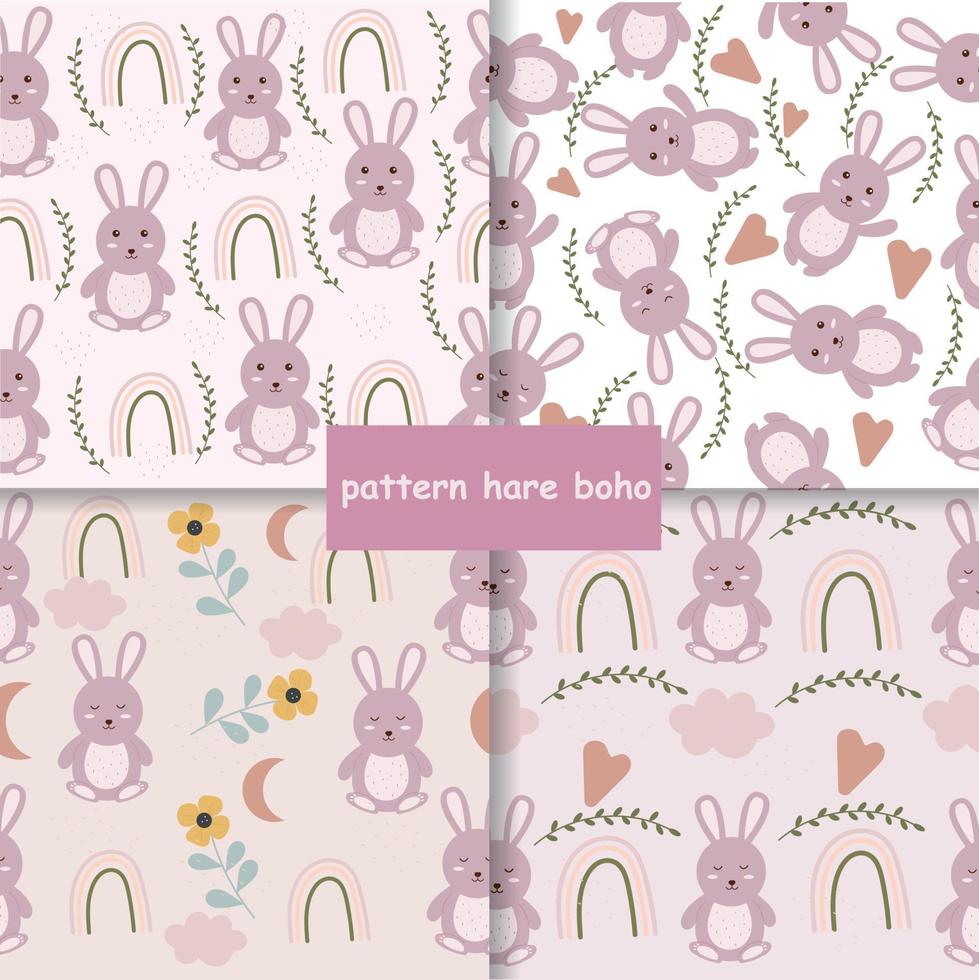Seamless hare, rabbit pattern in boho style. Vector illustration