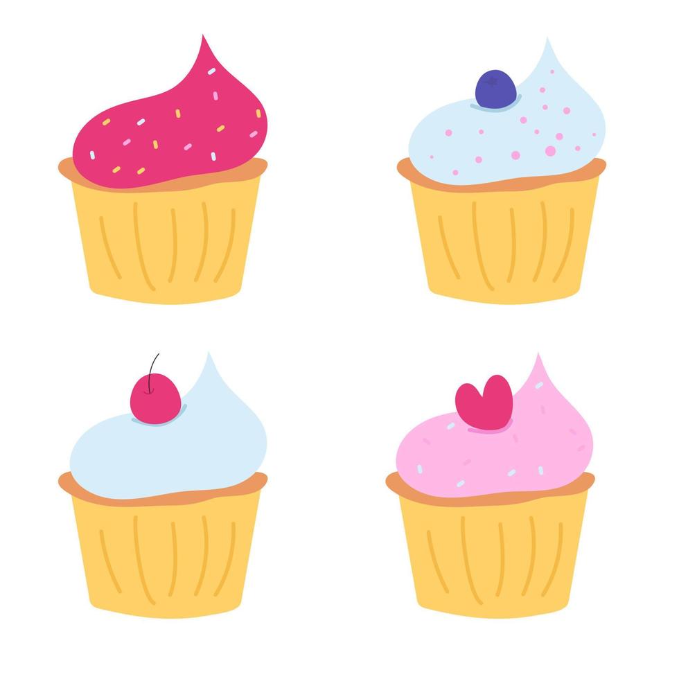 Handdrawn cupcake set. Dessert vector illustration design