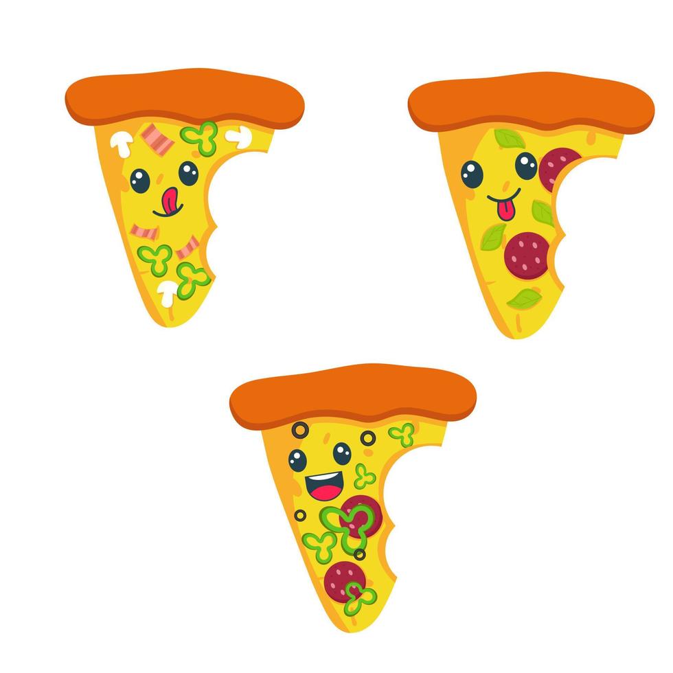 un conjunto de rebanadas de pizza kawaii en diferentes sabores. ilustración de comida rápida vector