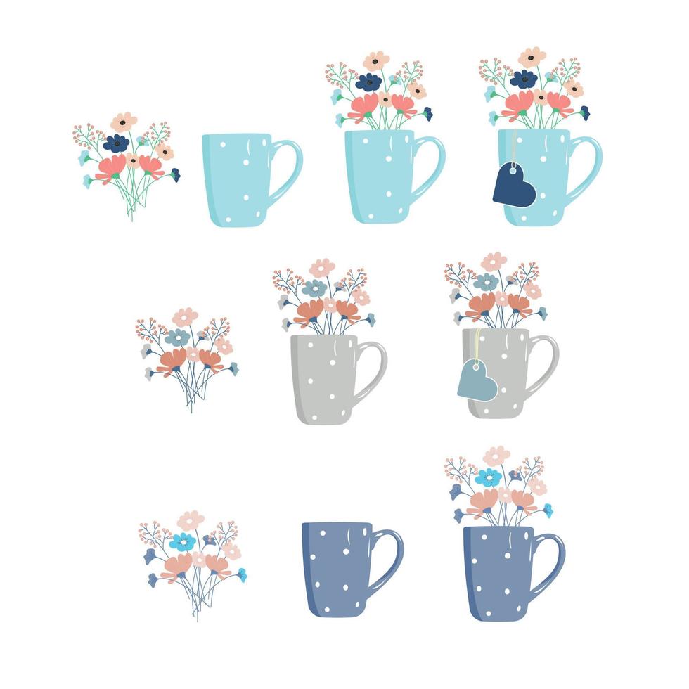 Set of different Cup, mug with patterns and flowers vector