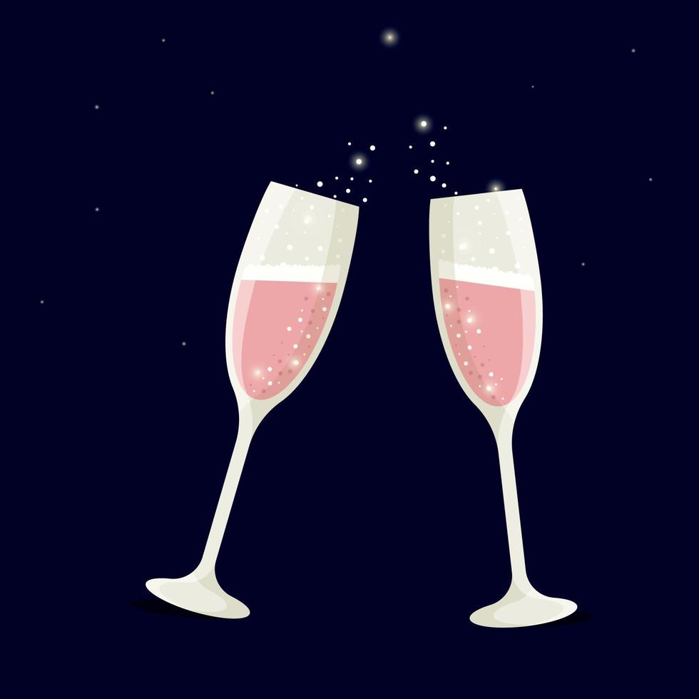 Champagne glasses in pink on a dark background. Party, Christmas. Birthday party. vector