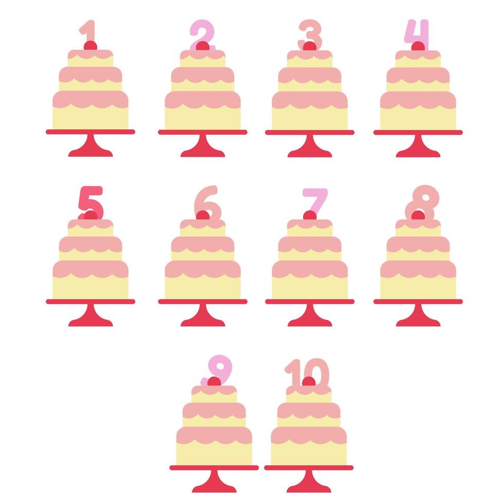 Set of cakes with candles with age. Vector illustration