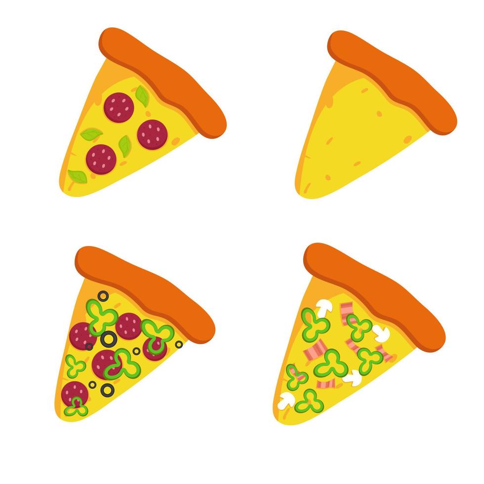 rebanadas de pizza en diferentes sabores. ilustración de comida rápida vector