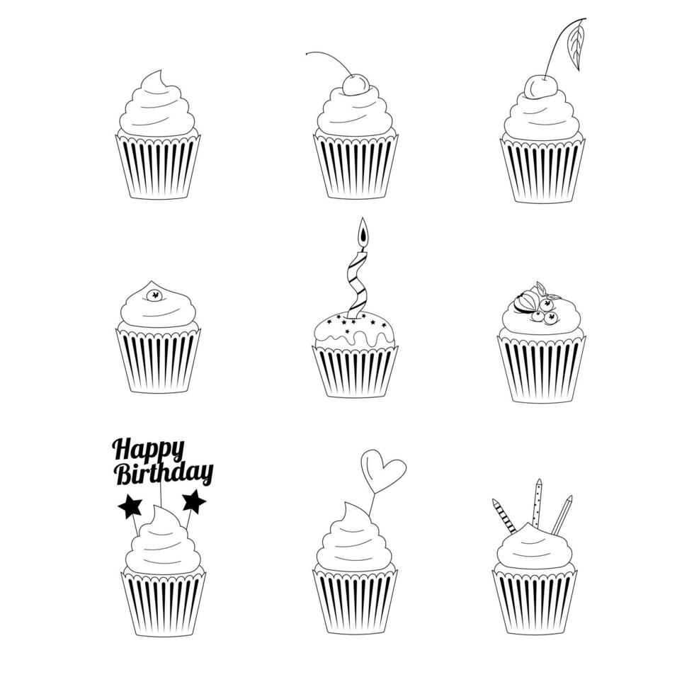 un conjunto de cupcakes estilo línea en blanco y negro vector