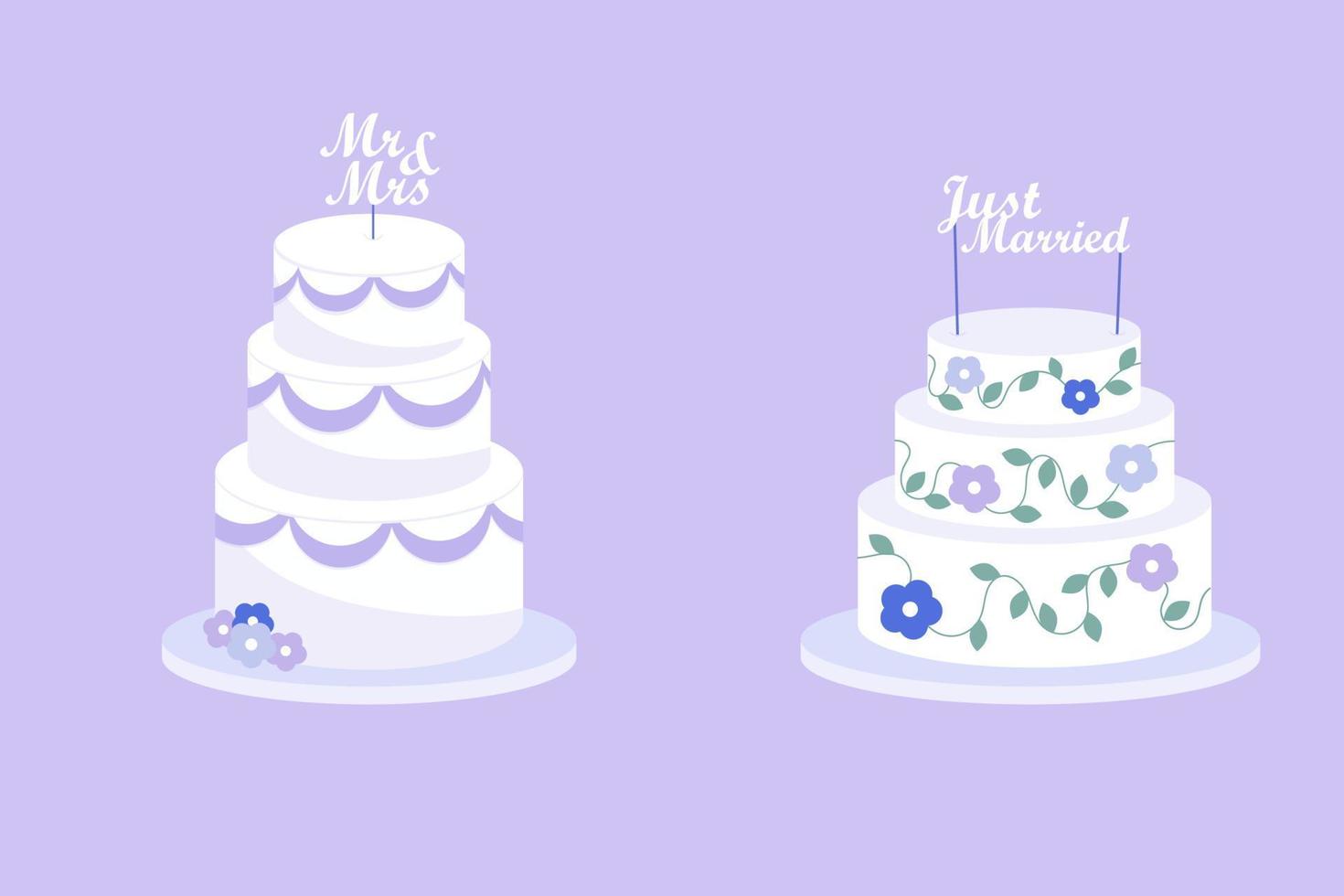 Set of festive wedding cakes with the inscriptions vector