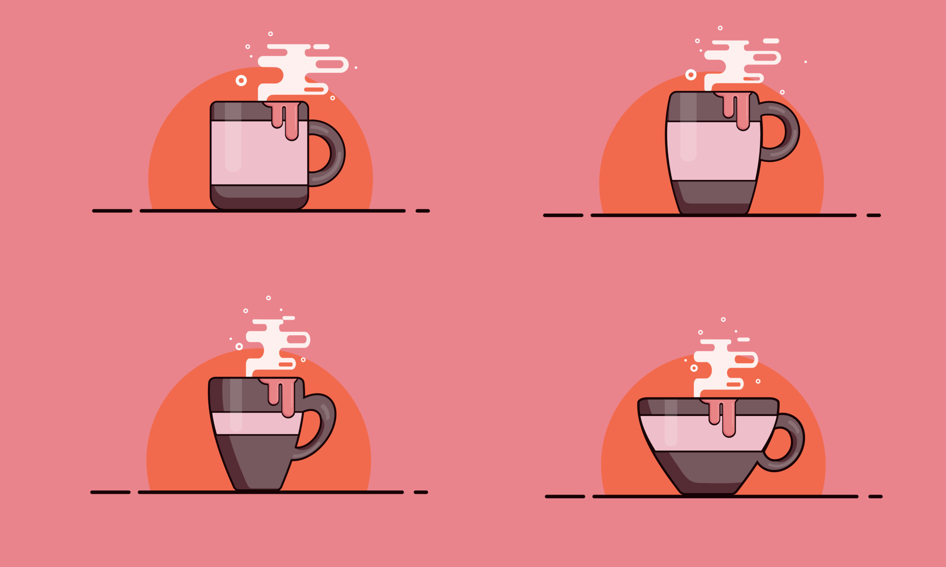 Set of hot cups of tea, coffee in different shapes. A cup in brown on