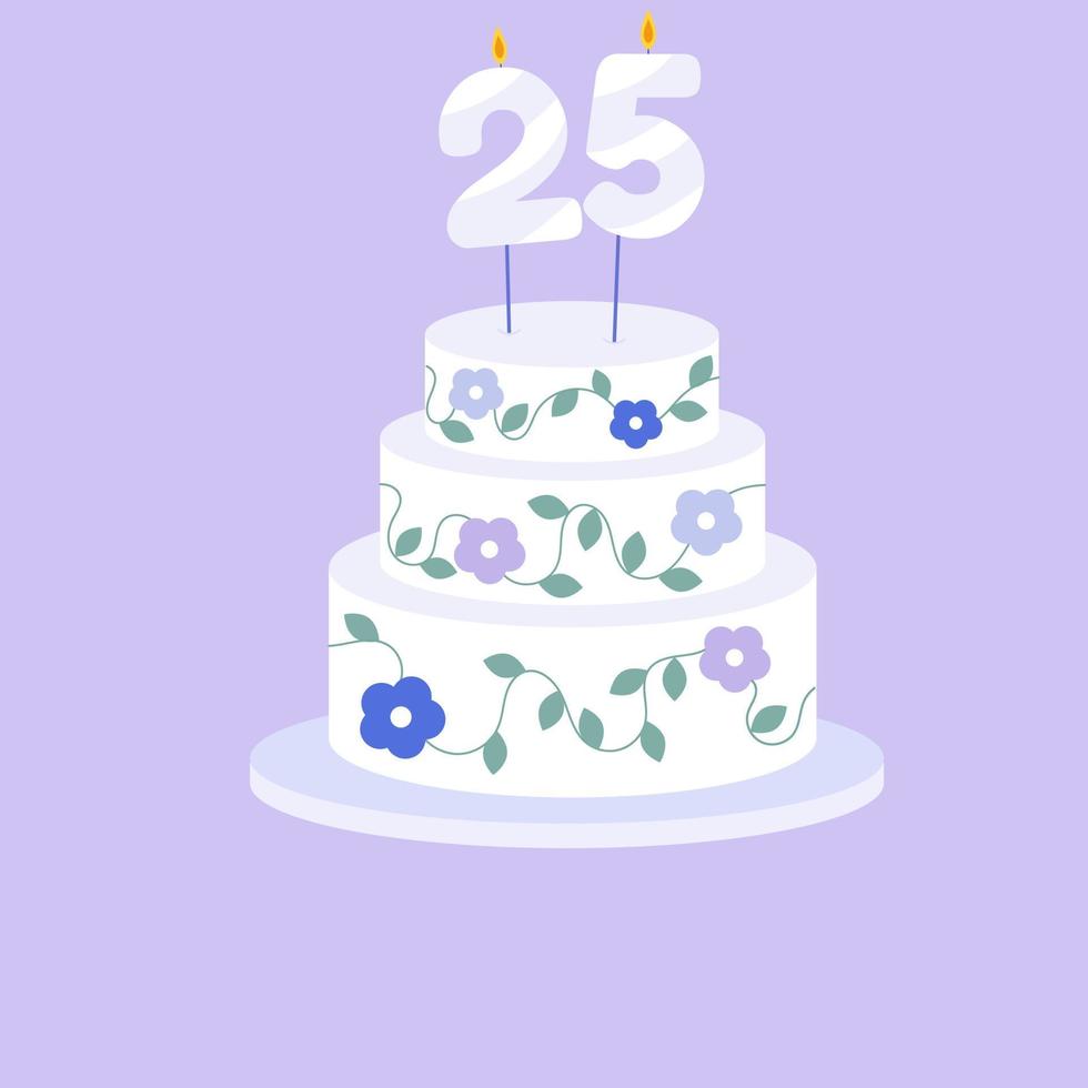 Holiday cake with age twenty-five candle in flat style. Vector illustration