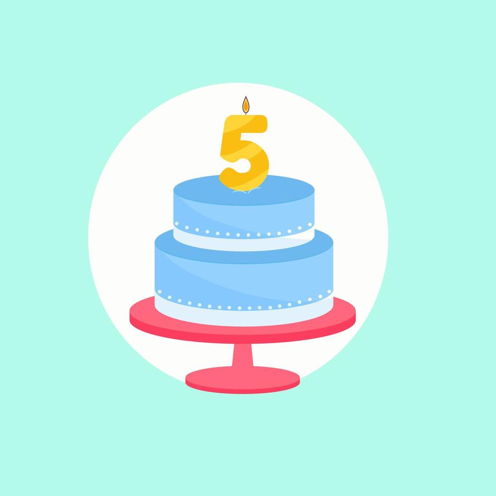 Holiday cake with a candle of age five. Vector illustration
