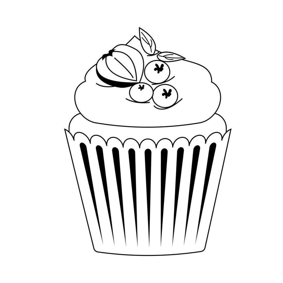 Black and white cupcake with blueberries, strawberries in line style vector