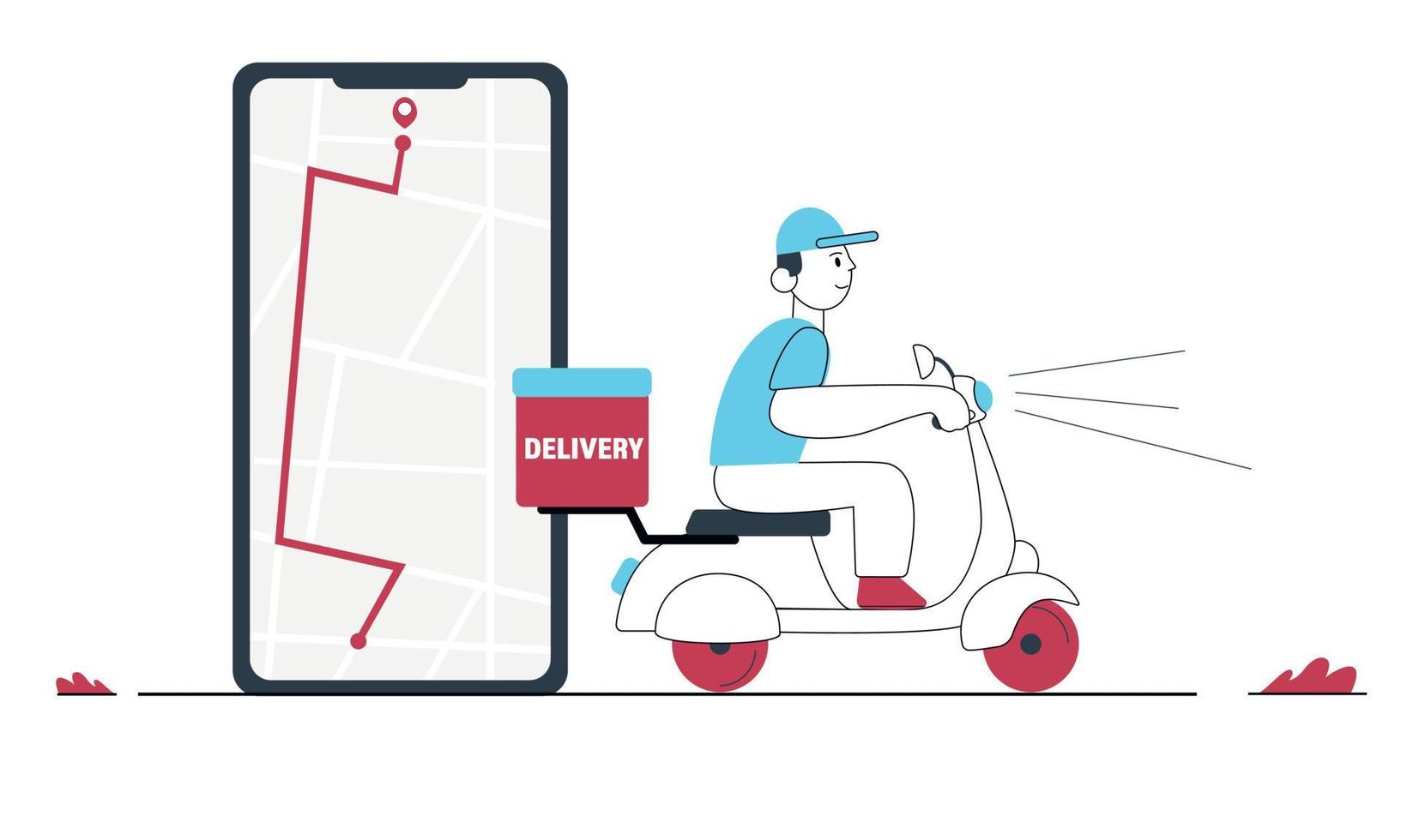 servicio de entrega en línea, seguimiento de pedidos en línea, entrega a domicilio y oficina. entrega de scooters. Envío. hombre en la bicicleta. vector