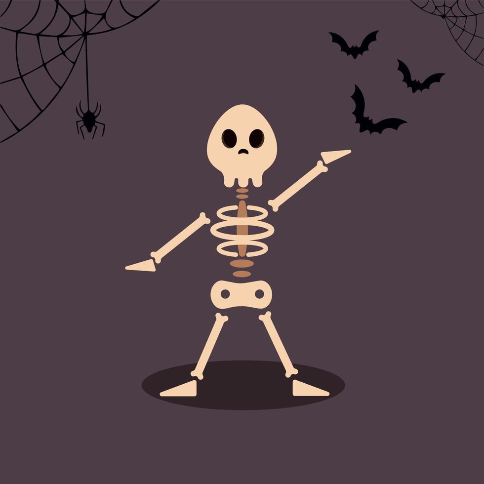 Skeleton, Halloween poster on a dark background with spiders and a bat. vector