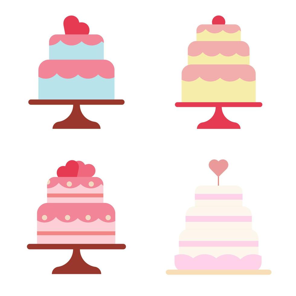 Set of festive wedding cakes in flat style. Vector illustration