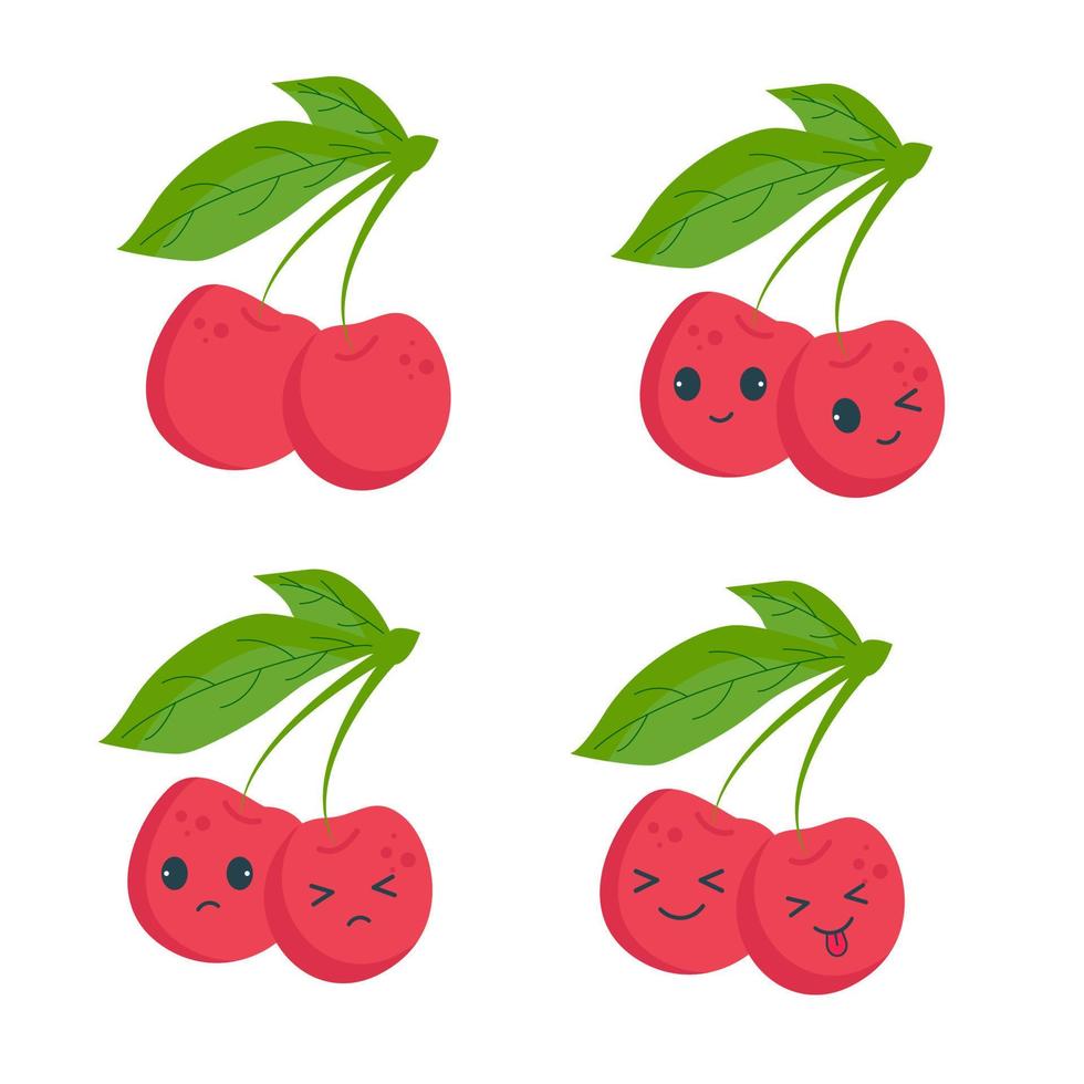 Kawaii style cherry with emotion. Fruit vector