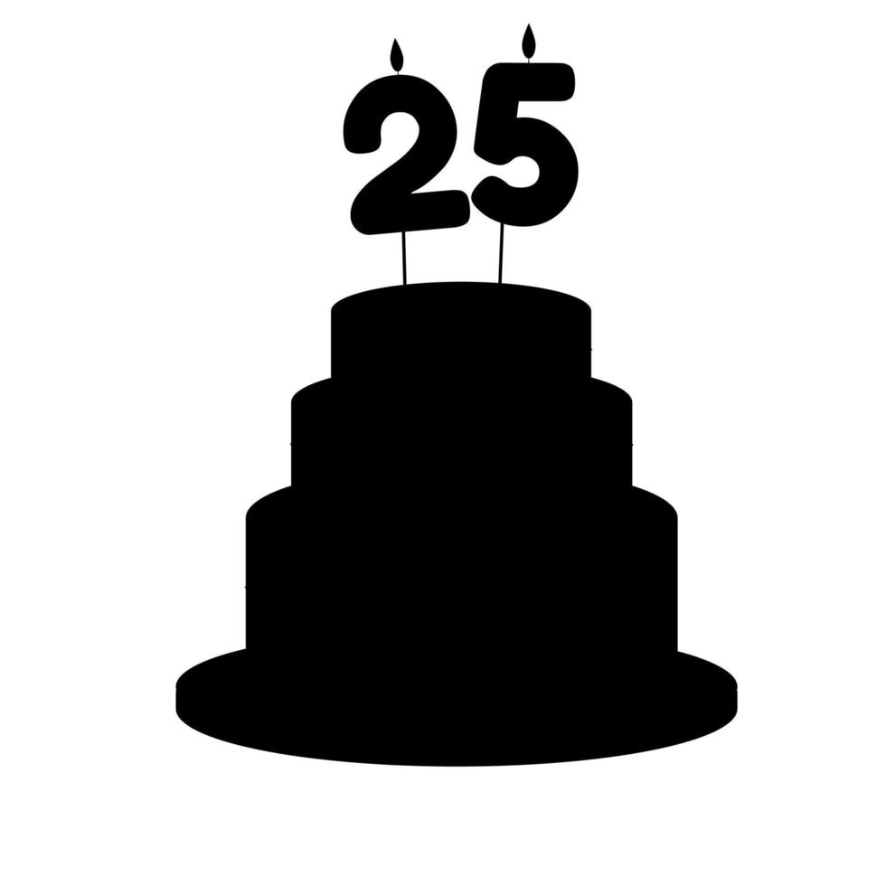Festive silhouette cake with a twenty-five year old candle in a flat style. Vector illustration