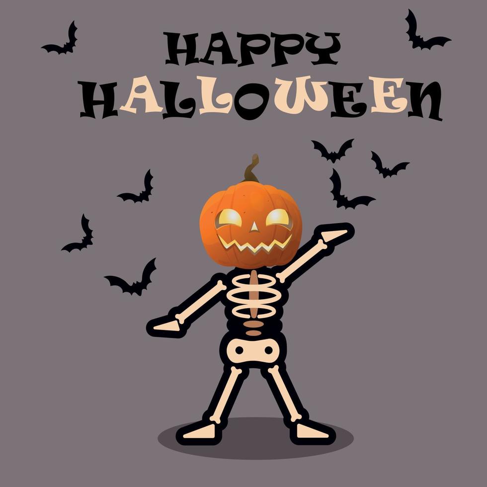 cartel de feliz halloween sobre un fondo gris. un esqueleto con una calabaza en lugar de una cabeza. vector