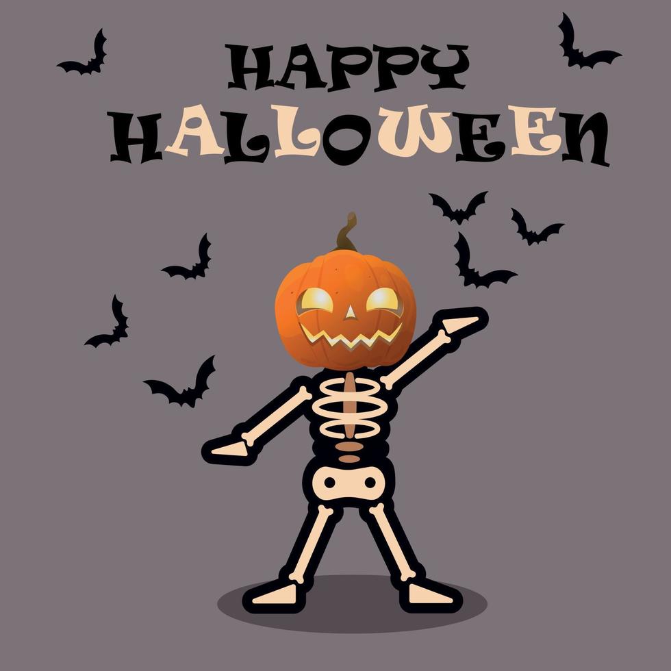 Happy Halloween poster on a grey background. A skeleton with a pumpkin instead of a head. vector