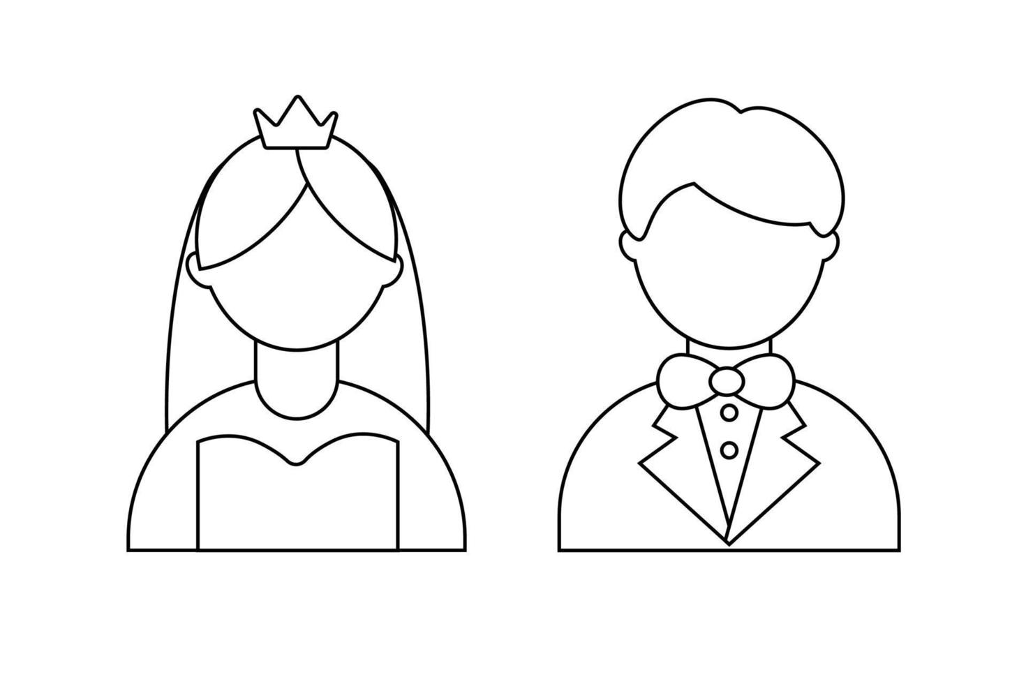 Bride and groom with a line style crown. Vector illustration.