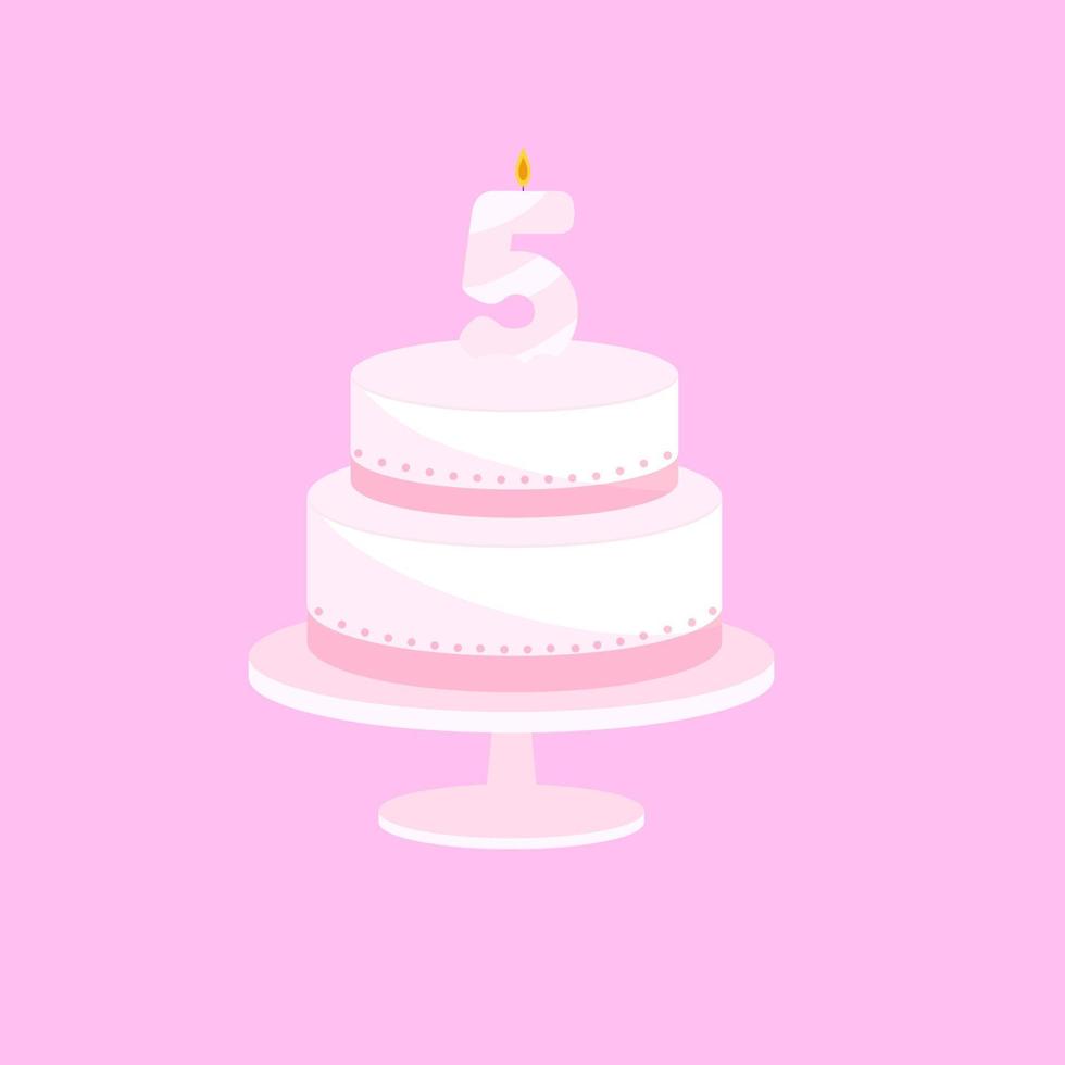 Festive delicate cake with candle age five. Vector illustration