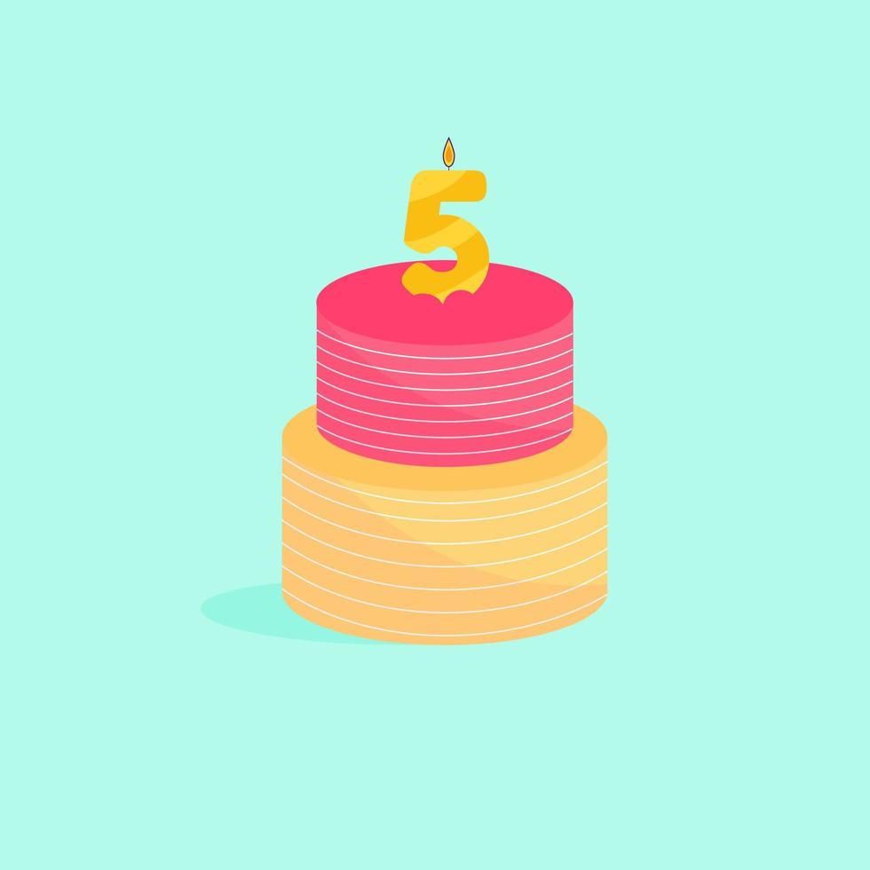 Holiday bright cake with a candle age five. Vector illustration