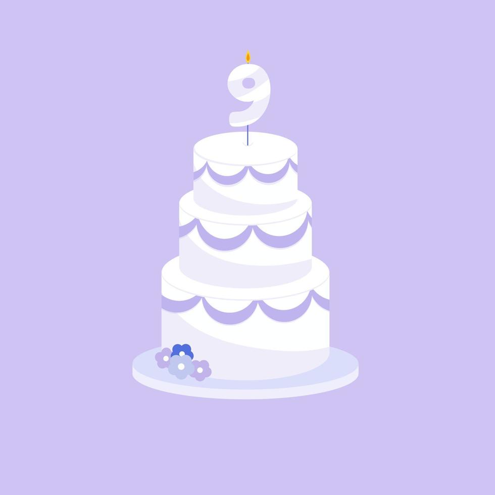 Holiday cake with age nine candle in flat style. Vector illustration