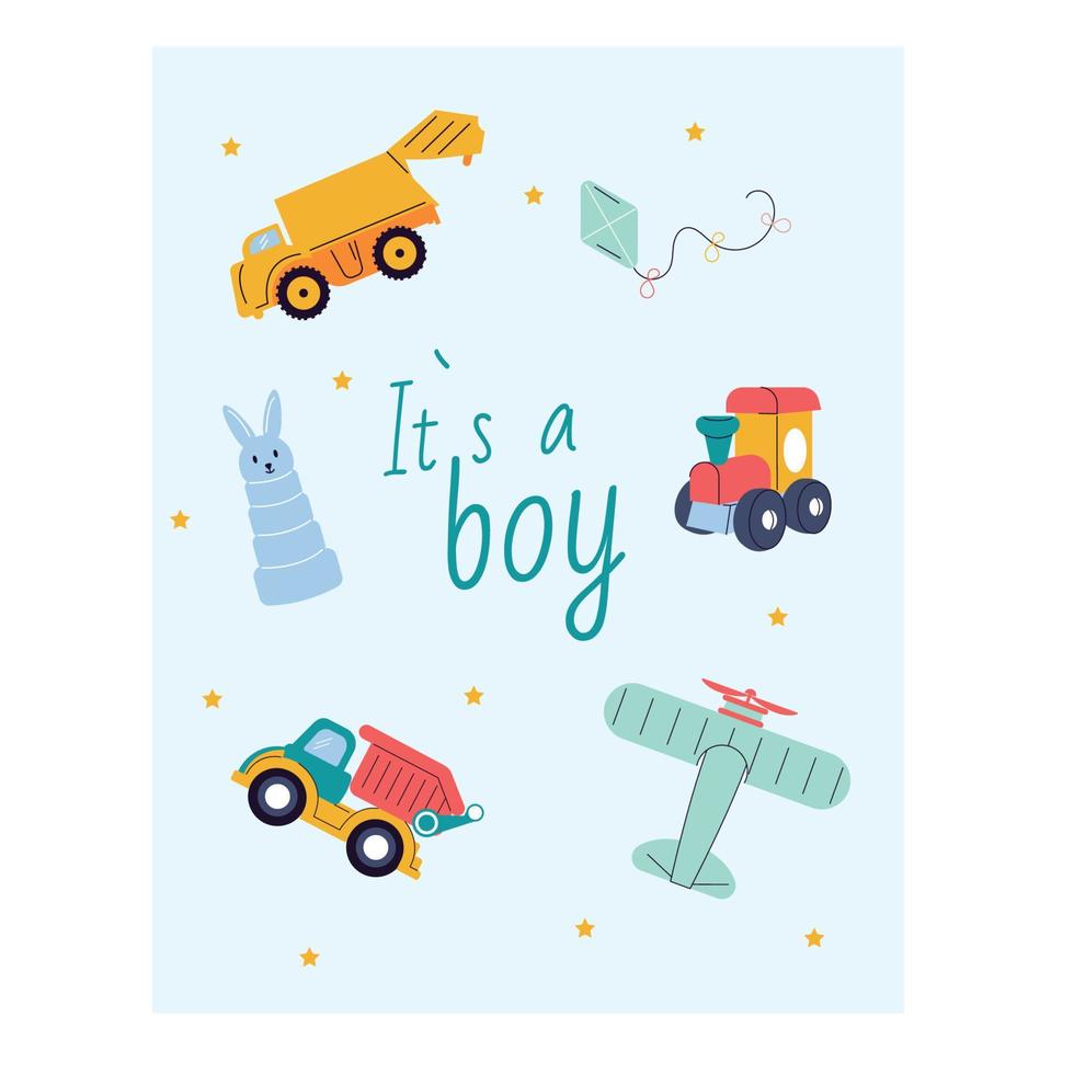 The postcard is a boy with toys. Baby shower. vector