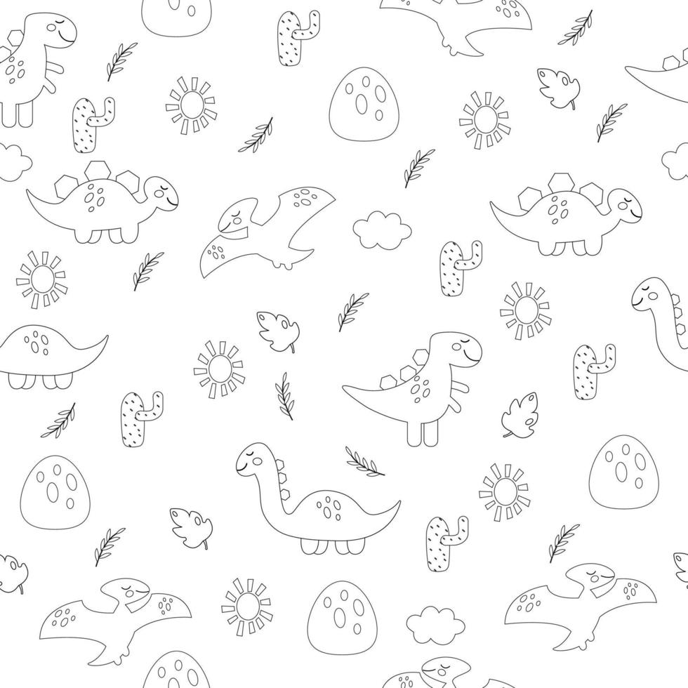 Cartoon outline seamless dinosaur pattern. Vector illustration