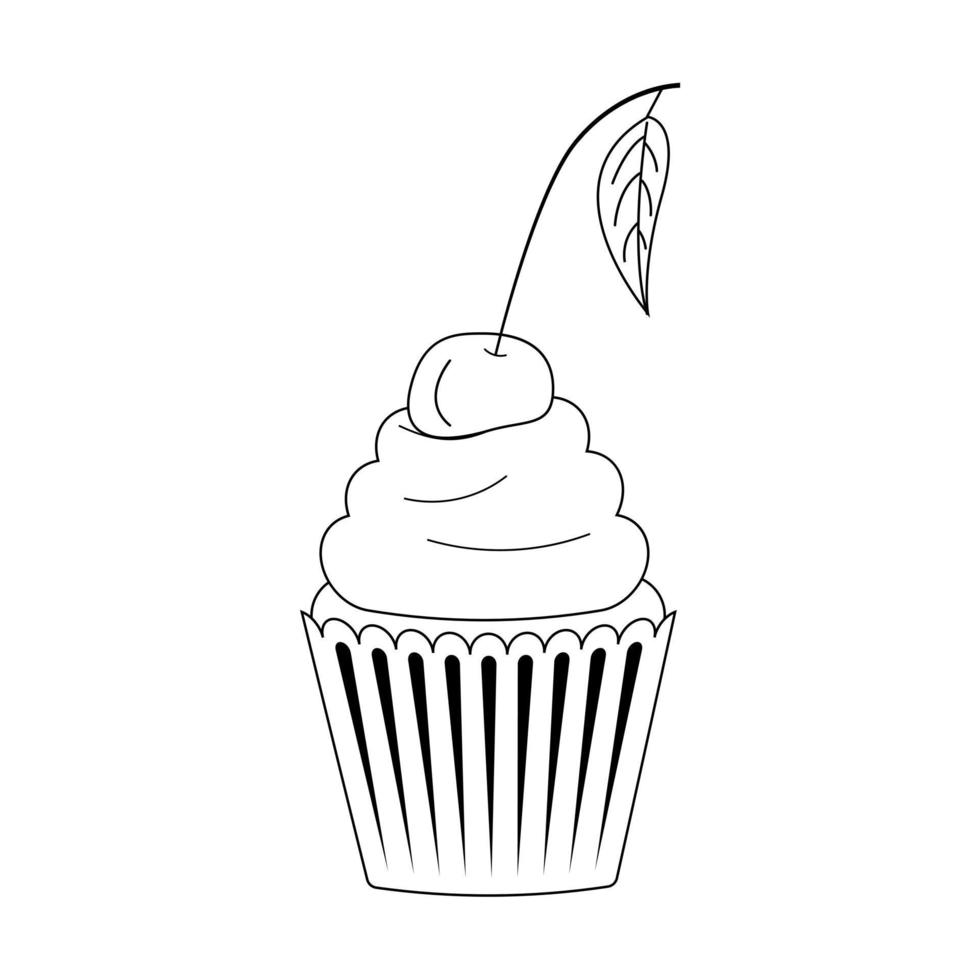 Black and white cupcake with cherry and leafy line style vector