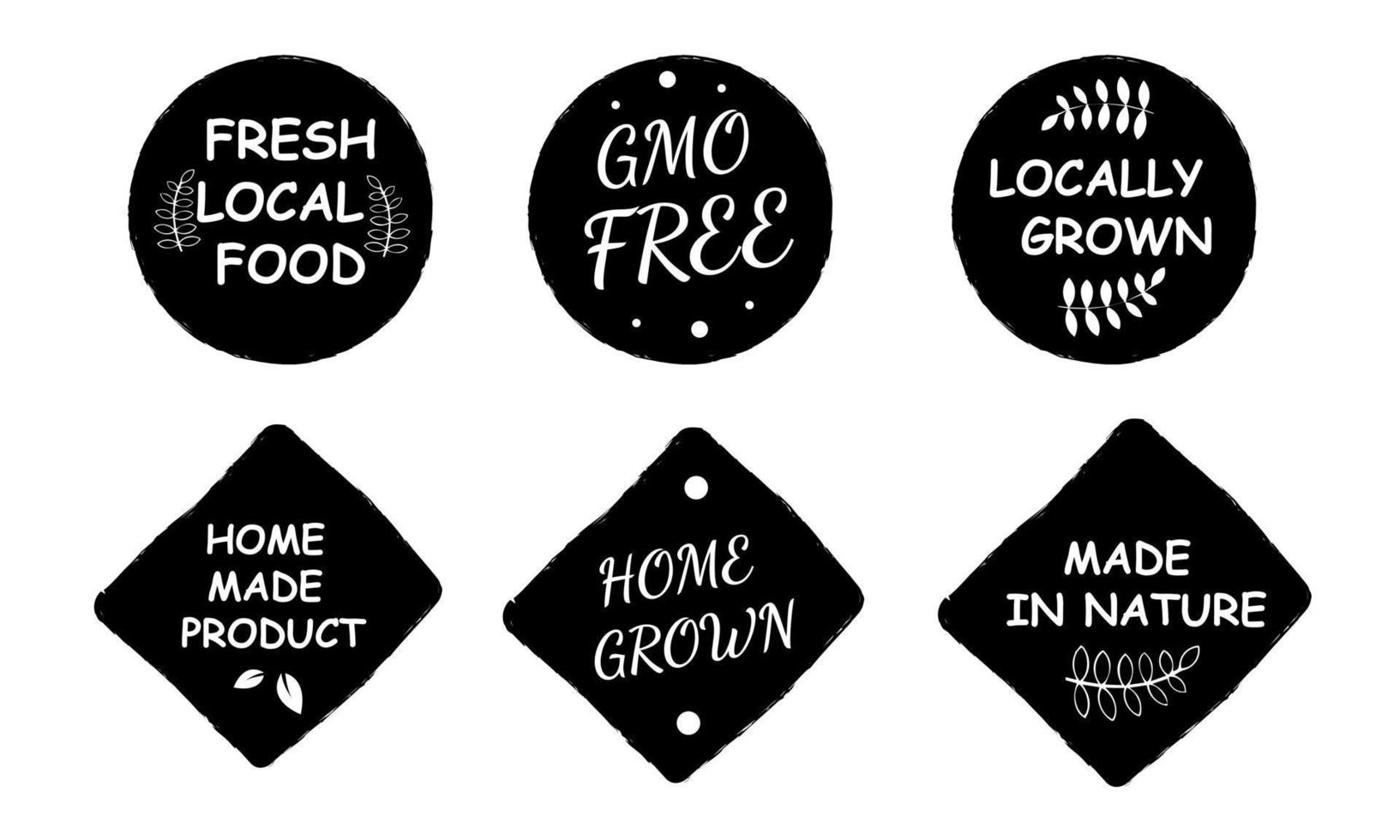 A set of black and white organic stickers, labels, badges and logos.  FRESH LOCAL PRODUCE, NON-GMO, LOCALLY GROWN, MADE vector