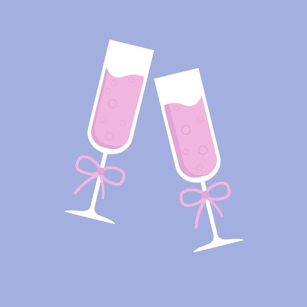 Two festive champagne glasses with bows. Vector illustration.
