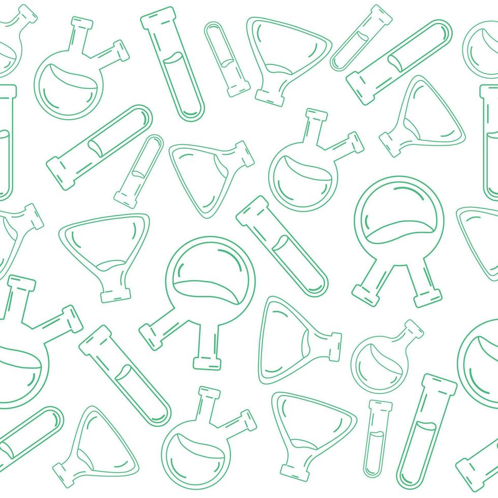 Seamless green line style lab flask pattern. Vector illustration