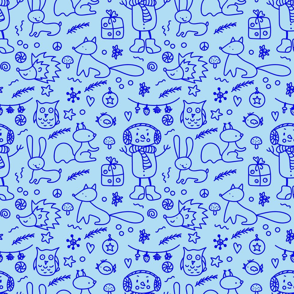 Web Seamless pattern in doodle style of animals and a snowman with gifts in the winter forest vector