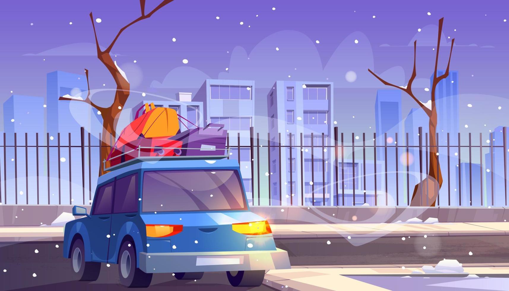 Car with luggage and bags on roof rear view travel vector