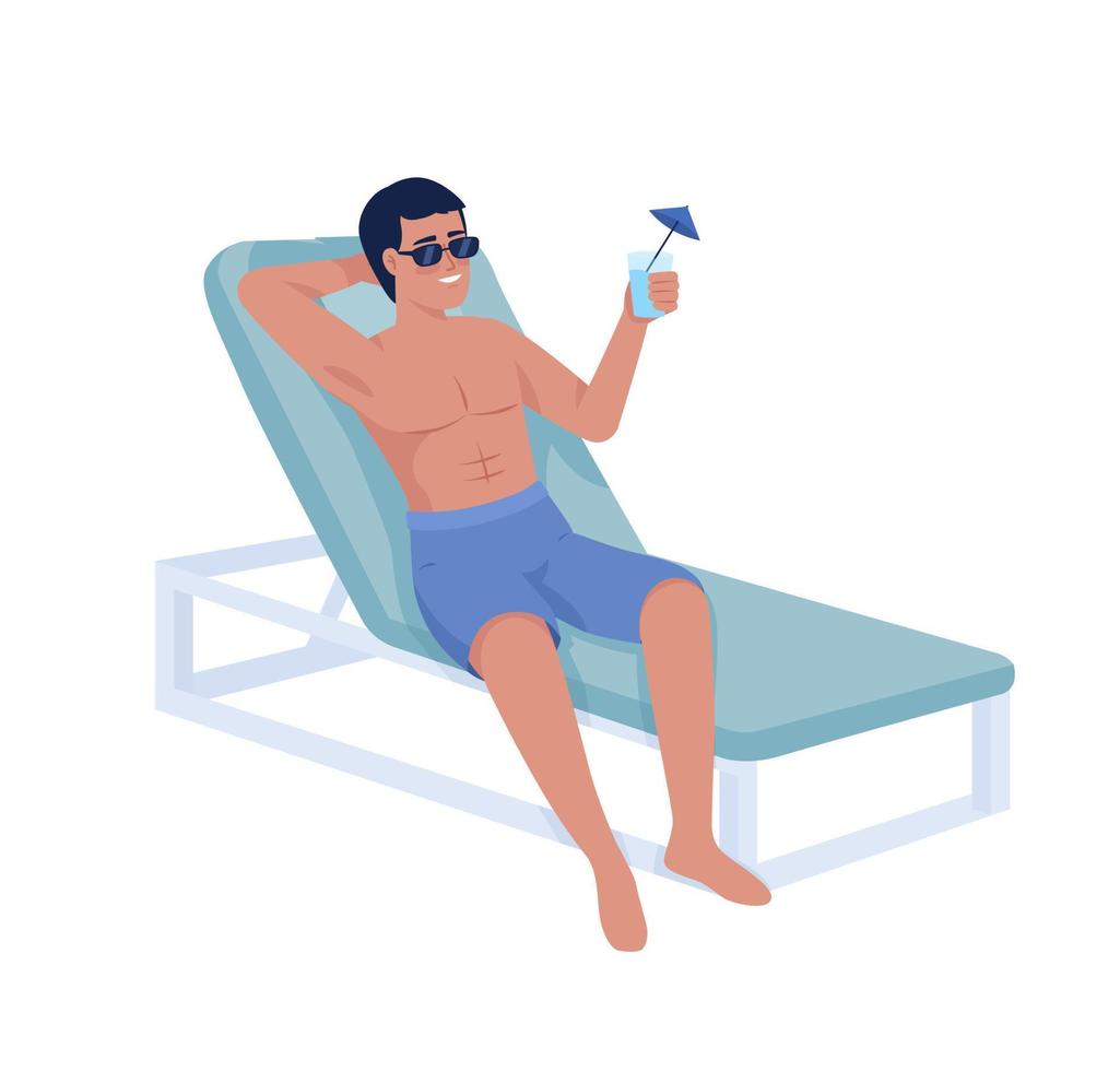 hombre bronceado con cóctel en la playa carácter vectorial de color semiplano. chico sentado en la tumbona. persona de cuerpo completo editable en blanco. ilustración de estilo de dibujos animados simple para diseño gráfico web y animación vector