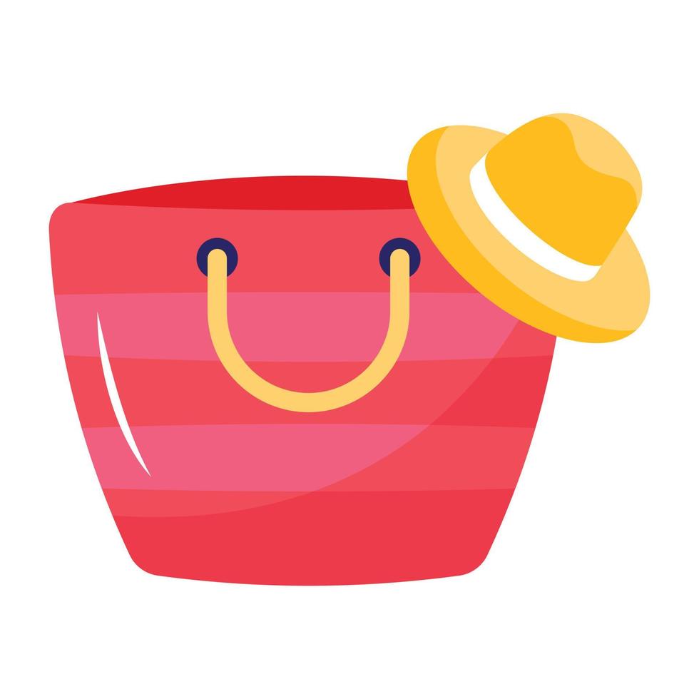 Bag with hat, beach accessories flat icon vector