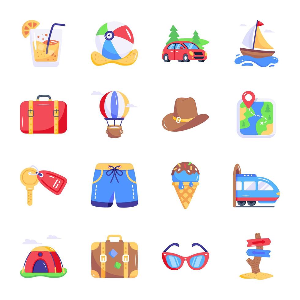 colección de iconos planos de playa y camping vector