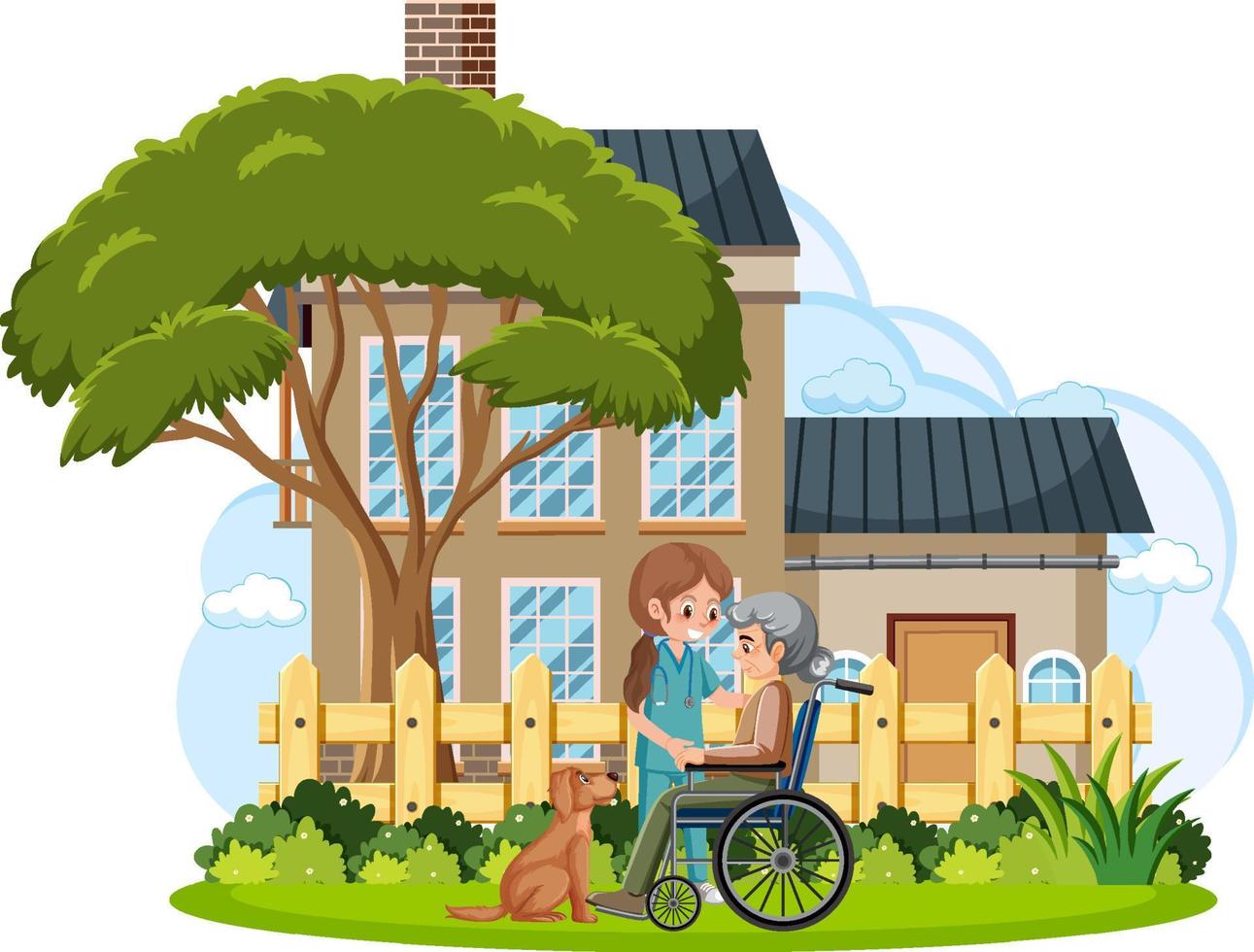 Senior patient on wheelchair with caregiver vector