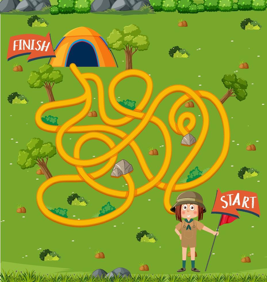 Maze game template in camping theme for kids vector
