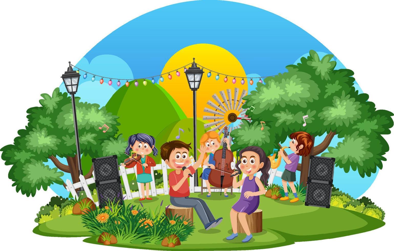 Children playing music at park vector