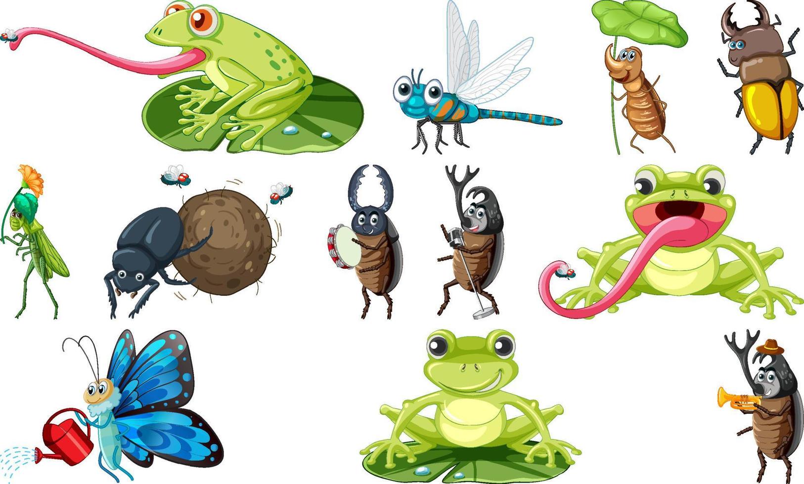 conjunto de varios dibujos animados de insectos y anfibios vector