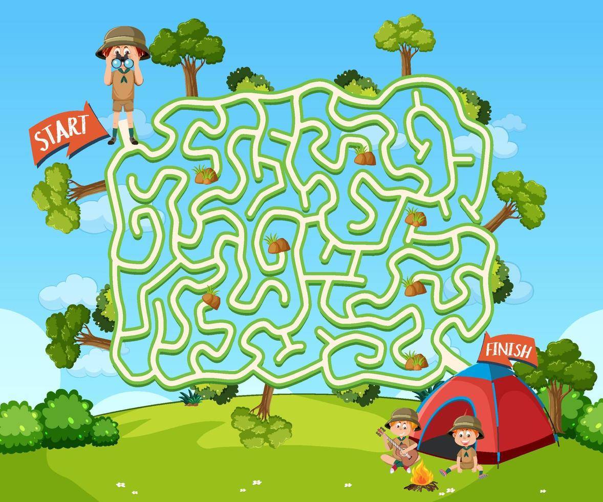 Maze game template in camping theme for kids vector