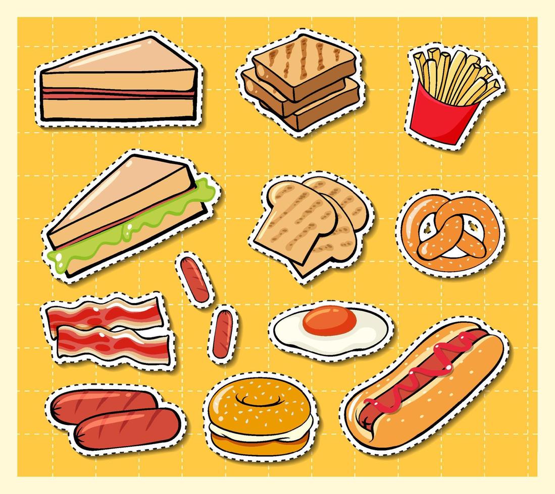 Mixed food cartoon sticker on grid background vector