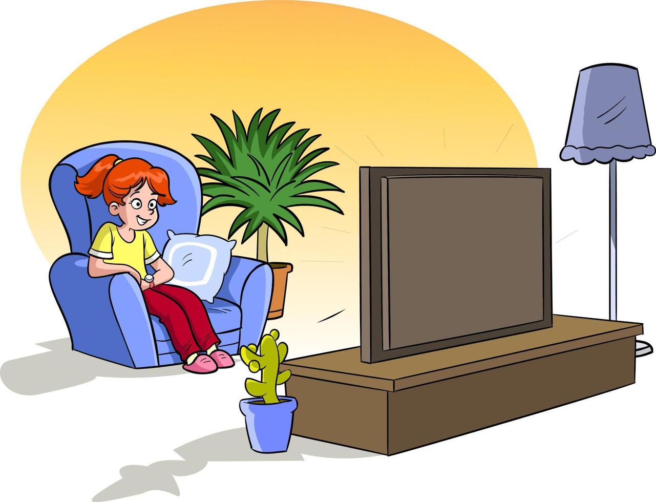 Chica viendo la televisión en la ilustración de vector de sala de estar