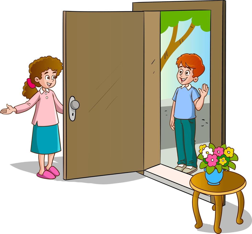 vector illustration of girl welcoming guests at the door