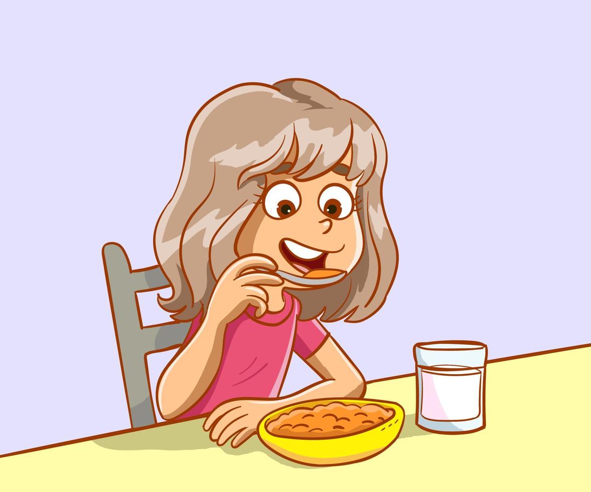 niña pequeña con desayuno saludable, rutina diaria, ilustración vectorial de dibujos animados aislada en fondo blanco. niña de dibujos animados desayunando vector