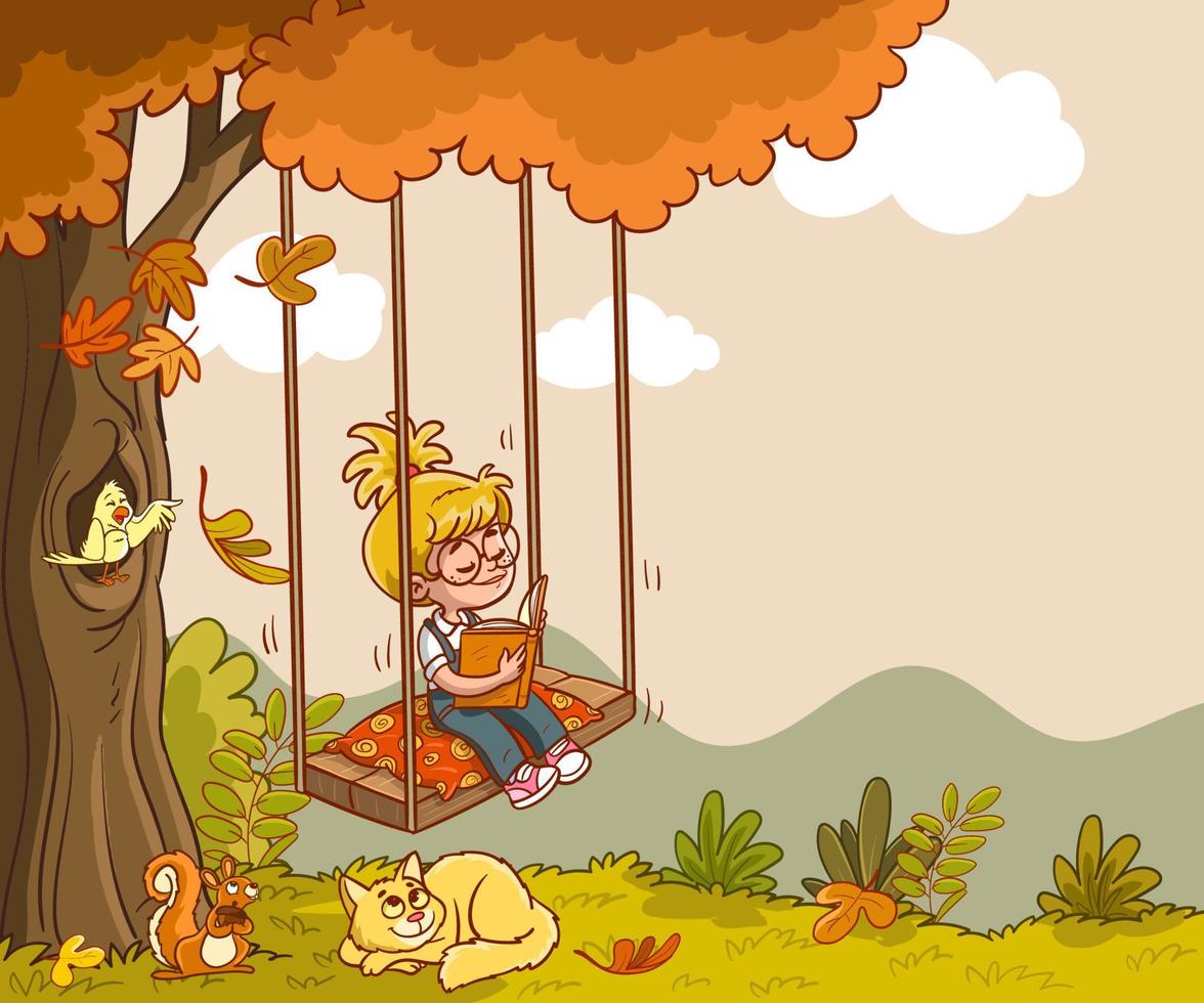 Cute girl swinging and reading a book in the autumn park.vector illustation vector
