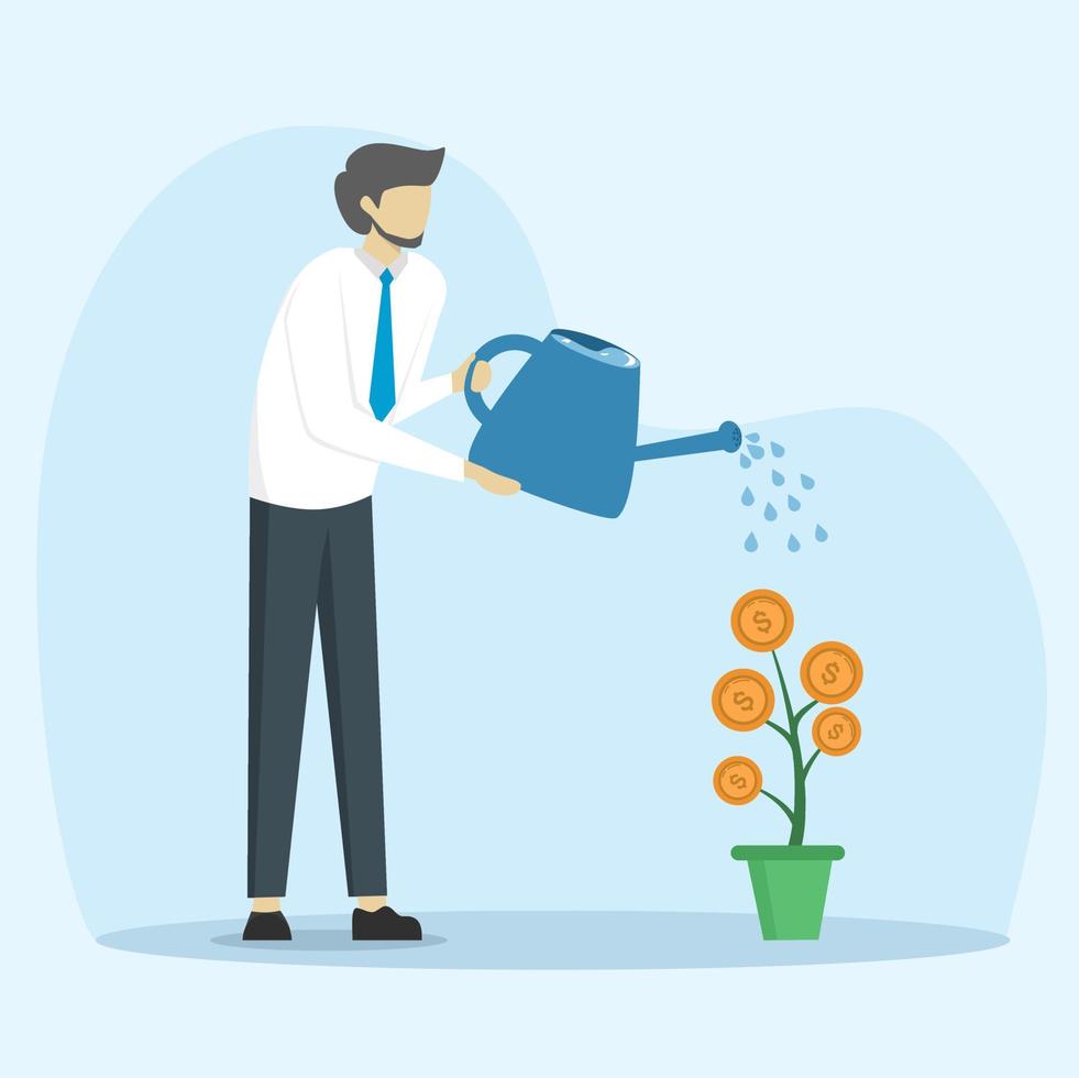 smart businessman investor finish watering money plant seed with coin flower. Financial growth or investment, increase profits and capital gains, success in wealth management concept. vector